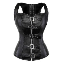 (6XL,Corset Only)Women's Steampunk Straps Corset Gothic Sexy Faux Leather Overbust Corset Dress Set