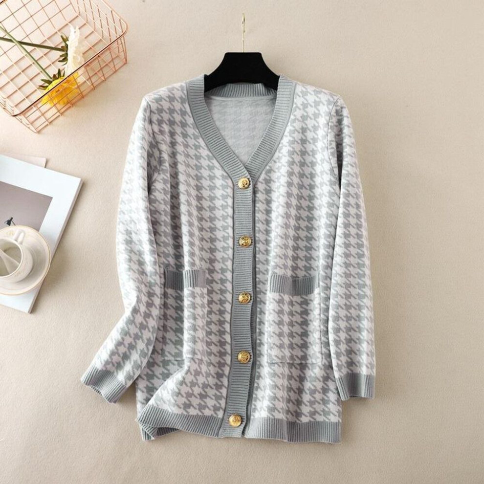 (gray, OneSize) Women Houndstooth Knitted Cardigans V Neck Single Breasted Full Sleeve Top Black Gray Pink One Size