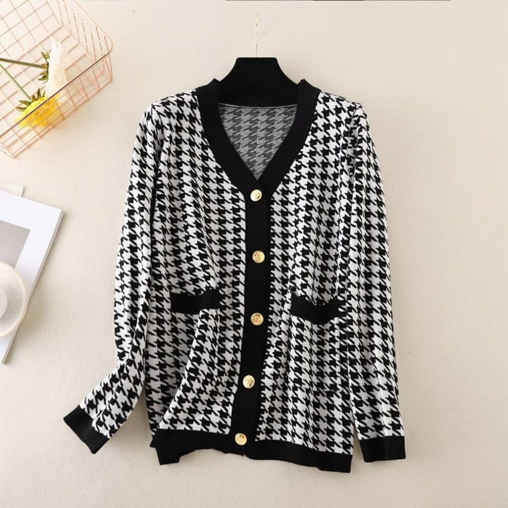 (black, OneSize) Women Houndstooth Knitted Cardigans V Neck Single Breasted Full Sleeve Top Black Gray Pink One Size