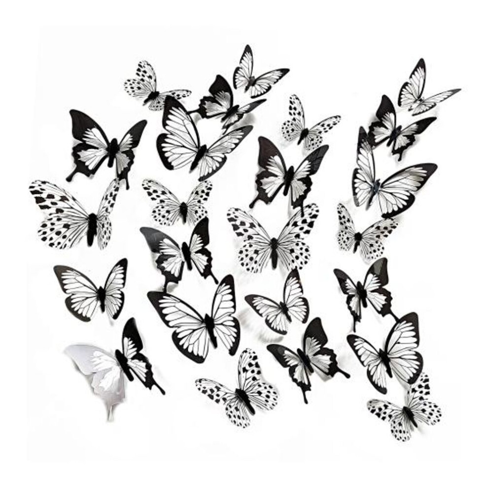(black white) 24pcs Wall Stickers Self-adhesive Diy Art Decor Removable 3D Butterflies Black Wall Stickers