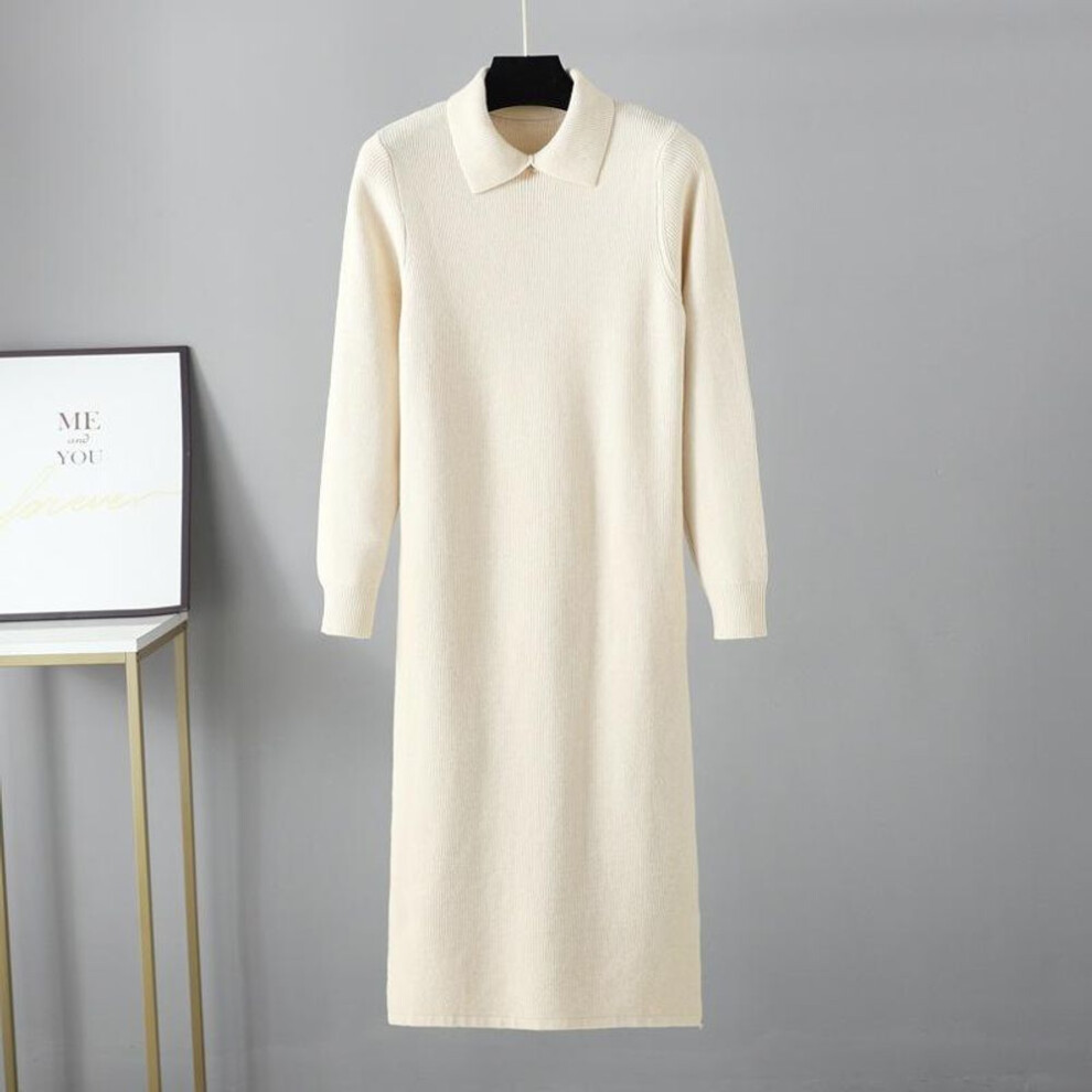 (apricot, OneSize) Autumn Winter New Polo Collar Knitted Long Sleeve Solid Color Sweater Loose Dress