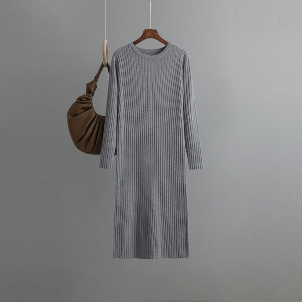 (gray, OneSize) Autumn Winter Women O Neck Long Sleeve Solid Color Knitted Loose Sweater Dress