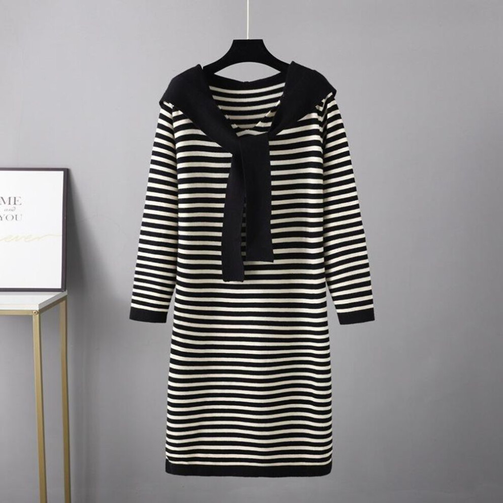 (black, OneSize) Autumn Winter Stripe SlimLong Sleeve Knitted Shirt Shawl Temperament Sweater Dress Women&apos;s