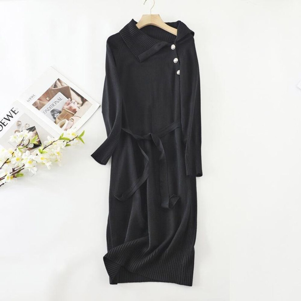 (black, OneSize) Women Autumn Winter Lapel Collar Button Long Sleeve Lace Up Solid Color Mediumn Long Knitted Sweater Dress