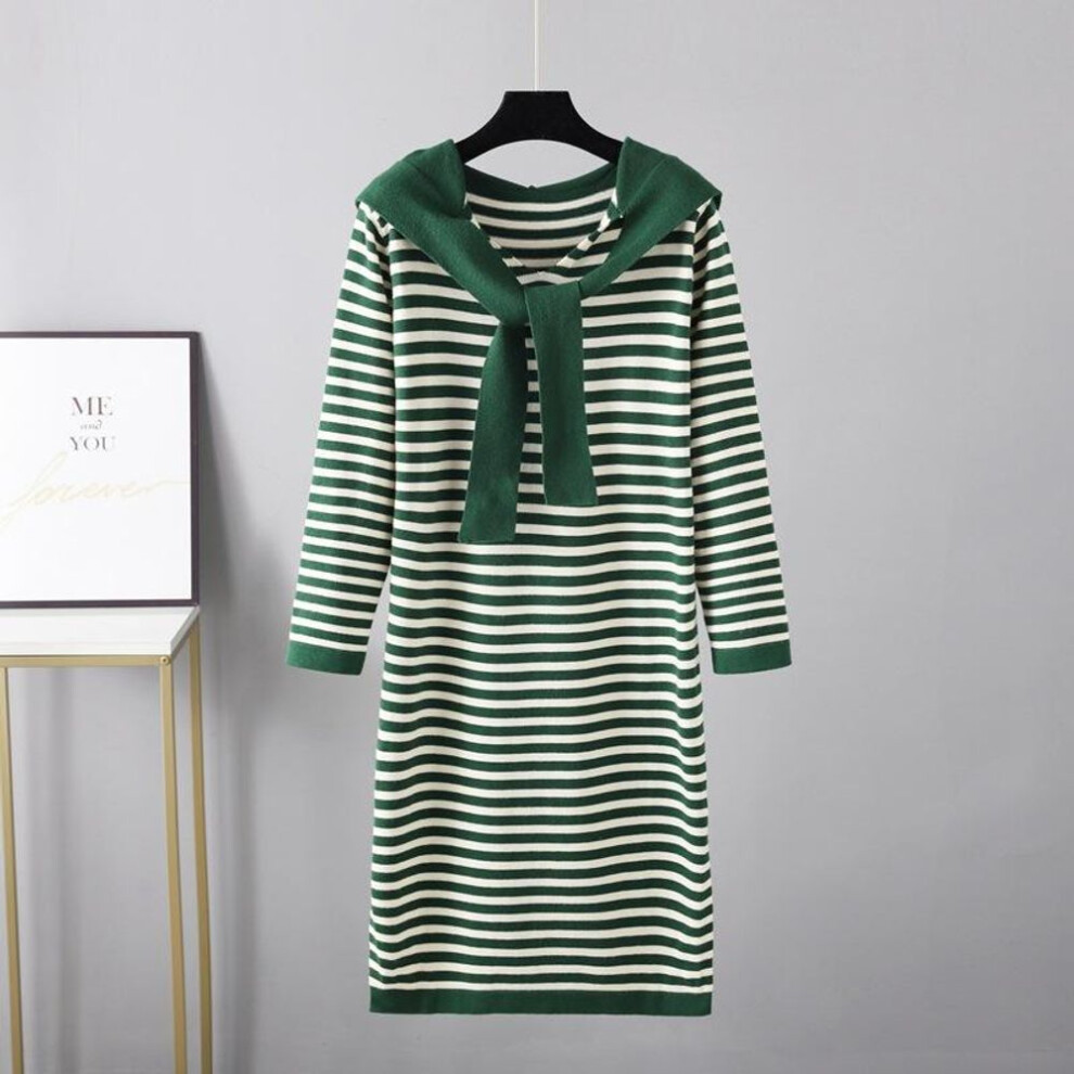 (green, OneSize) Autumn Winter Stripe SlimLong Sleeve Knitted Shirt Shawl Temperament Sweater Dress Women&apos;s