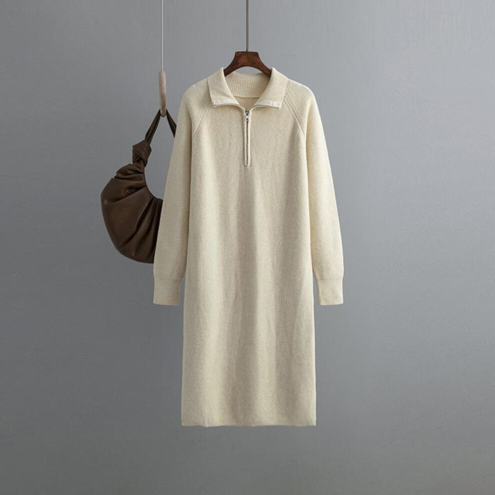 (apricot, OneSize) Women Spring Autumn Premium Slouchy Zipper Pullover Over Knee Sweater Solid Color Dress