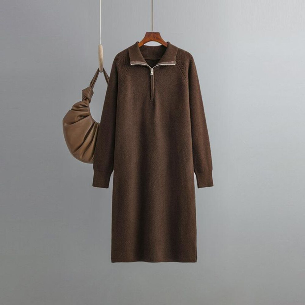 (coffee, OneSize) Women Spring Autumn Premium Slouchy Zipper Pullover Over Knee Sweater Solid Color Dress