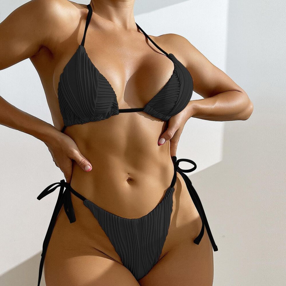 (black, L) Women&apos;s Swimsuit Triangle Sexy Solid Color Lace Up Swimwear Halter Bikini Sets