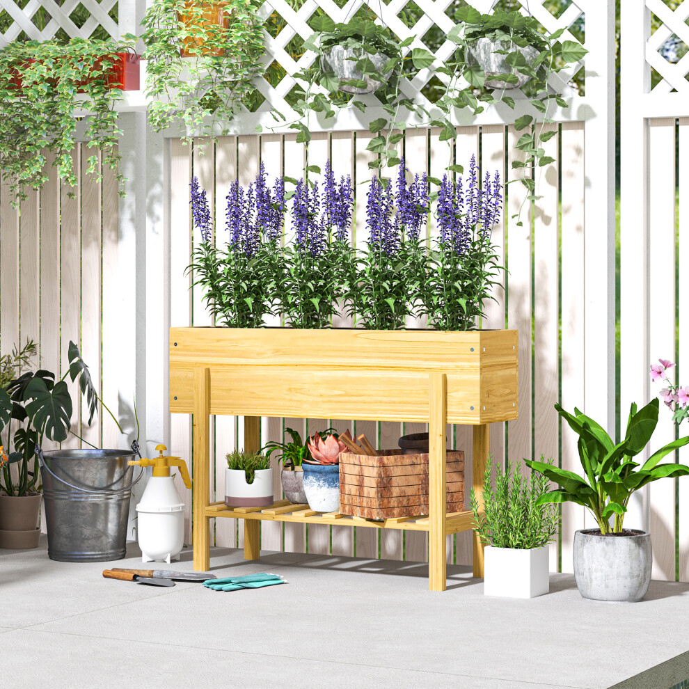 Outsunny Wooden Raised Bed W/ Bed Liner, Storage Shelf, Natural Wood Finish