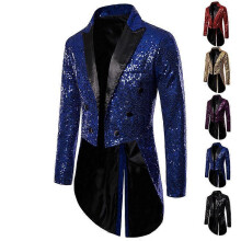 (L,Dark Blue)Mens Sequin Tailcoat Swallowtail Suit Jacket Party Show Tuxedo Dress Coat Blazer