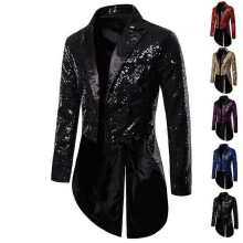 (S,Black)Mens Sequin Tailcoat Swallowtail Suit Jacket Party Show Tuxedo Dress Coat Blazer