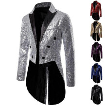 (S,Silver)Mens Sequin Tailcoat Swallowtail Suit Jacket Party Show Tuxedo Dress Coat Blazer