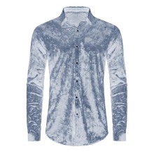 (S,Grey)Men's Long Sleeve Velvet Shirt Button Down Collar Neck Blouse Top