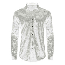 (M,White)Men's Long Sleeve Velvet Shirt Button Down Collar Neck Blouse Top