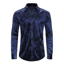 (L,Blue)Men's Long Sleeve Velvet Shirt Button Down Collar Neck Blouse Top