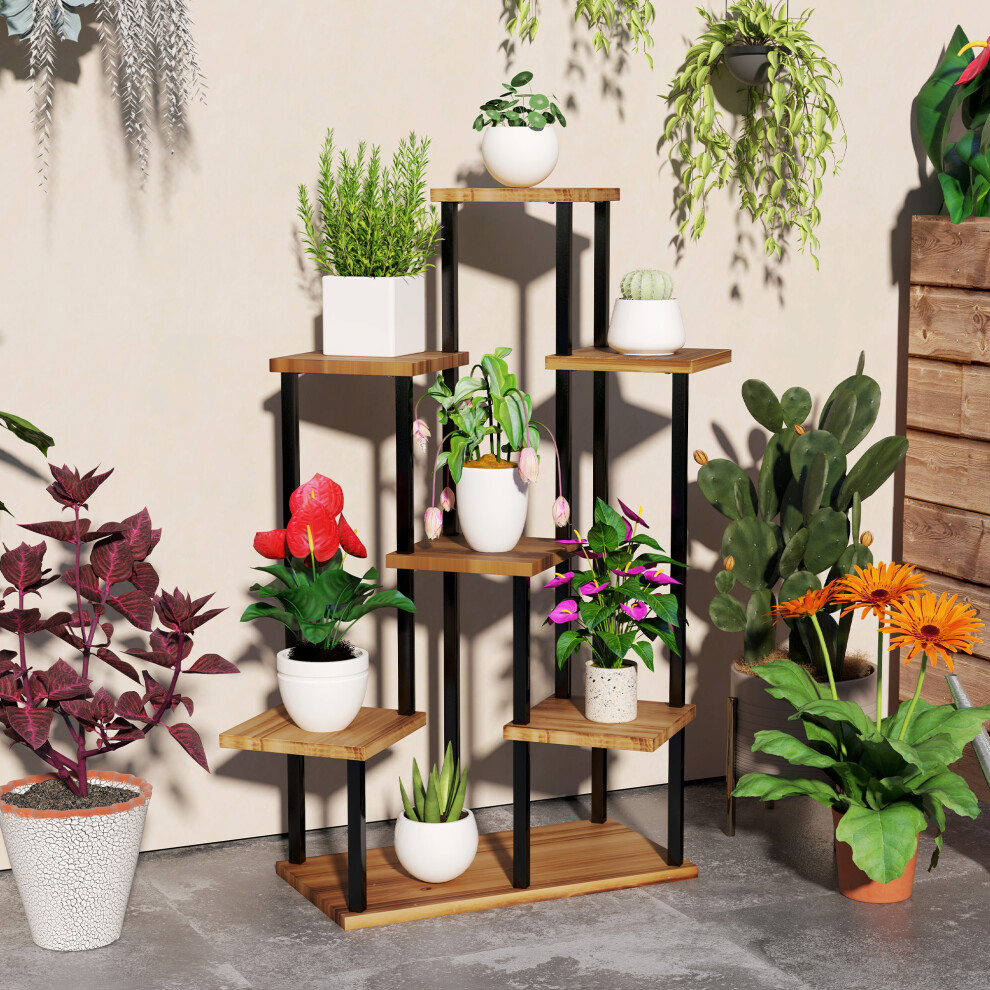 Outsunny 5 Tier Plant Stand, Tall Steel Wood Plant Shelf, Carbonised Finish