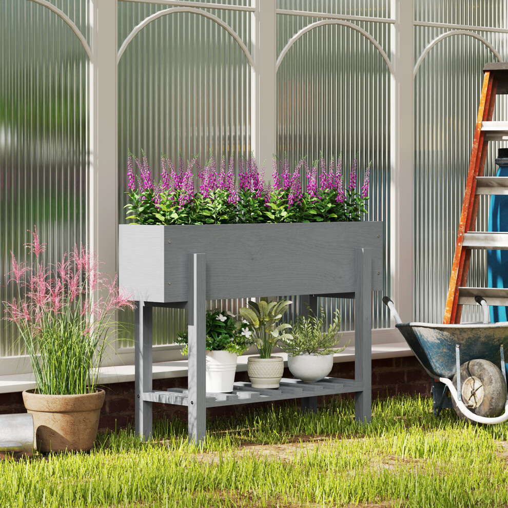Outsunny Wooden Raised Bed W/ Bed Liner, Storage Shelf, Grey