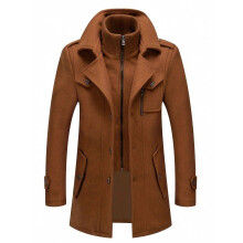 (L,Earthy Yellow)Men's Business Tweed Coat Fashion Double Collar In Long Tweed Jacket Fall And Winter