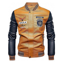 (L,Brown)Men's Faux Leather Bomber Jacket Leather Jacket Stand Collar Lightweight Leather Jacket Motorcycle PU Jacket
