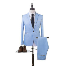 (XL,Light Blue)Men Business Formal Suit Set Slim Fit Wedding Blazer Pants 2 Piece_s
