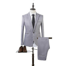 (3XL,Grey)Men Business Formal Suit Set Slim Fit Wedding Blazer Pants 2 Piece_s