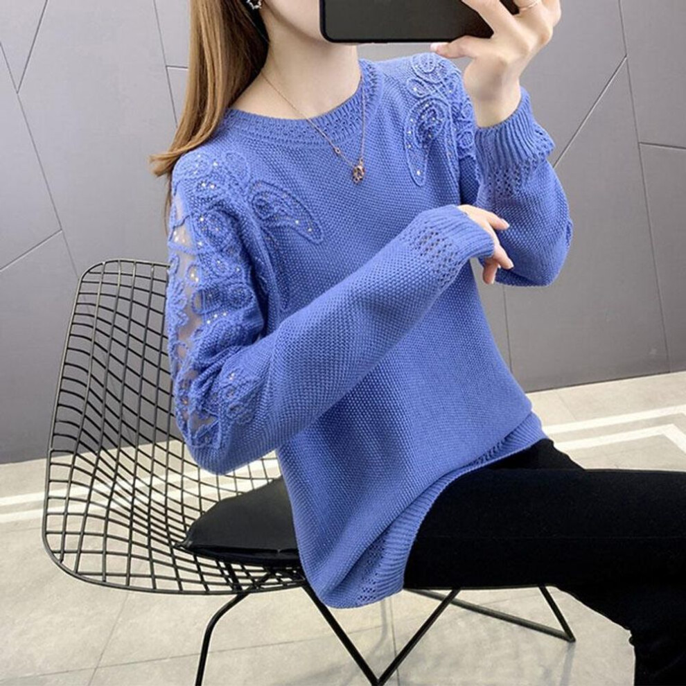 (blue, L) 2024 Spring and Autumn New Round Neck Big Yards Ladies Pullover Sweater Lace Long-sleeved Loose Hollow Knitted Sweater Female