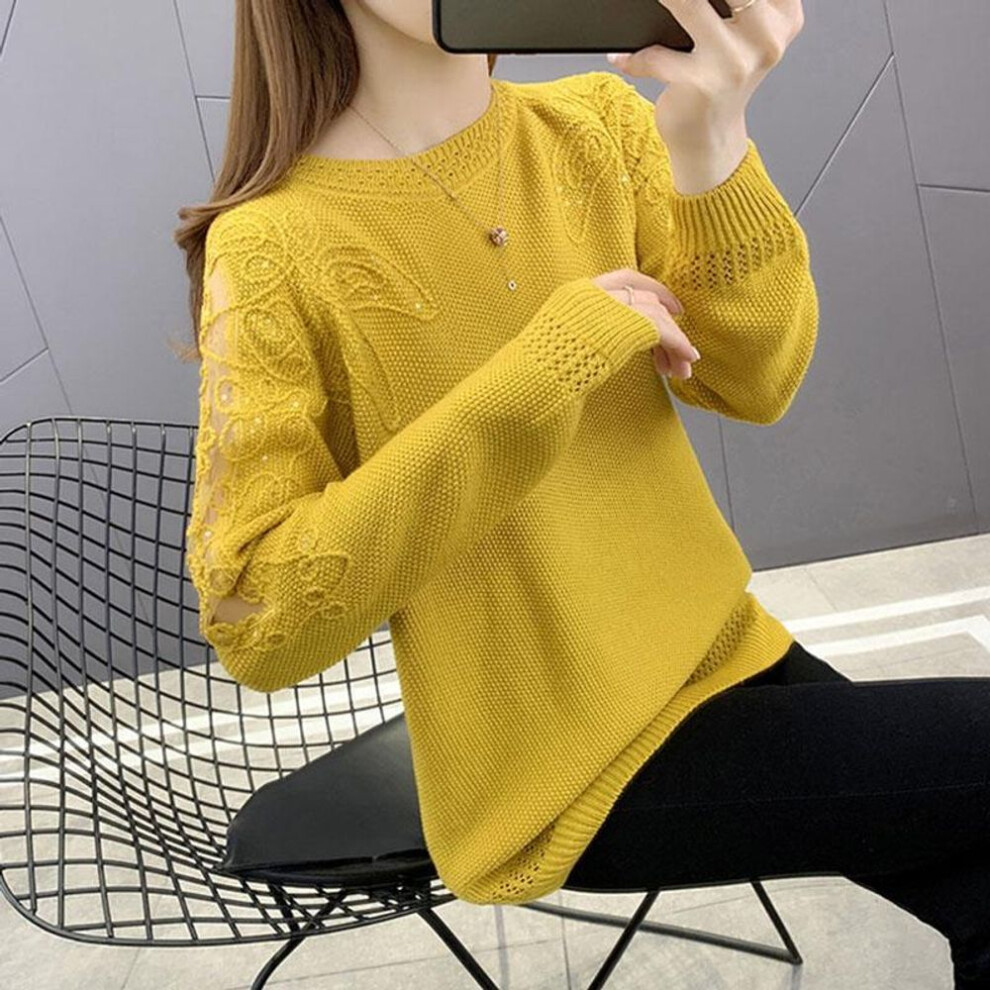 (yellow, L) 2024 Spring and Autumn New Round Neck Big Yards Ladies Pullover Sweater Lace Long-sleeved Loose Hollow Knitted Sweater Female
