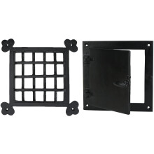 A29 Hardware 8 1/2 x 8 1/2 pouces Grille de porte Speakeasy en fonte avec porte de visualisation Finition en peinture poudre noire Grande taille