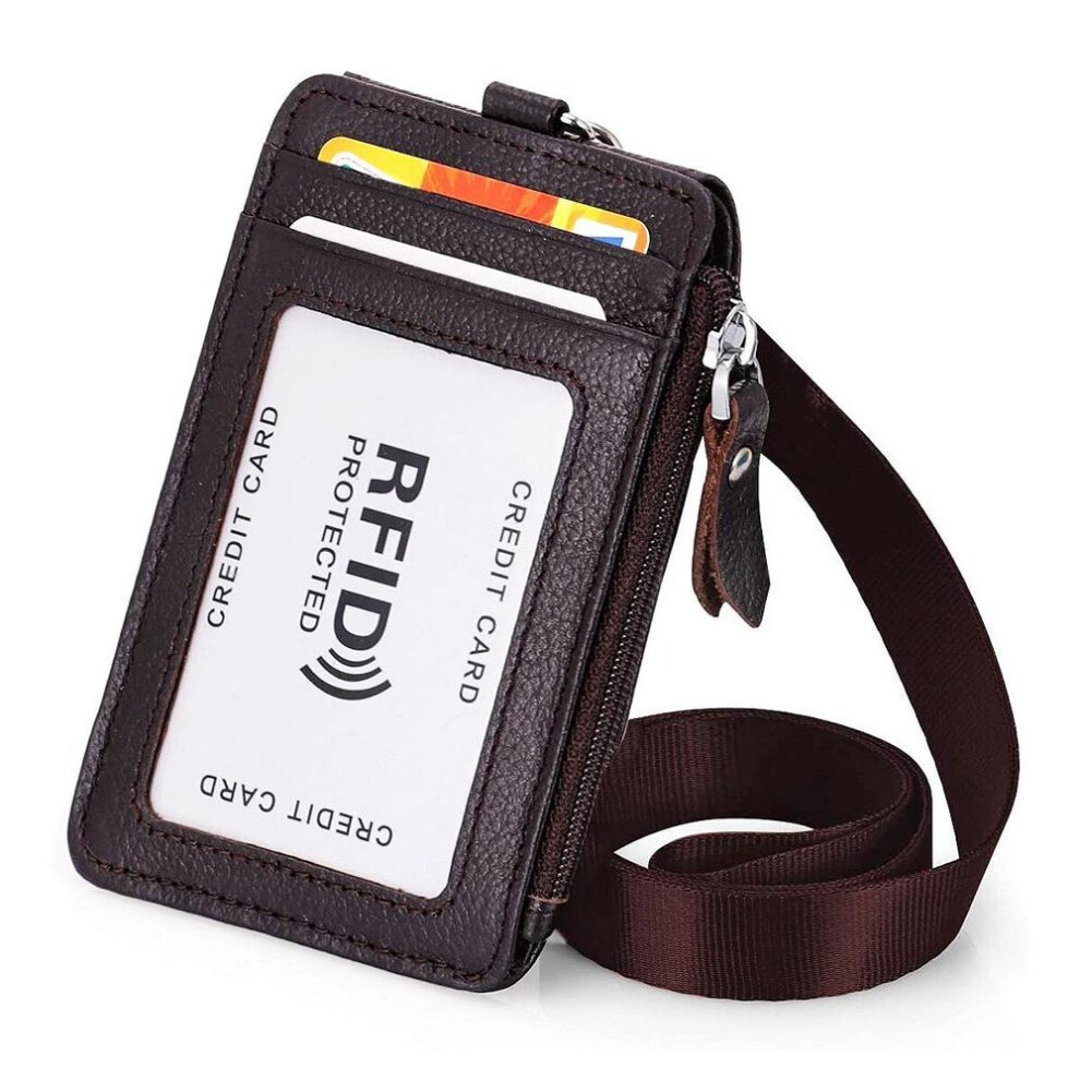 (dark coffee) Genuine Leather Id Holder With Zipper Rfid Keychain Wallet Neck Lanyards With Swivel Hook For Card/coin/cash Black Card Holder