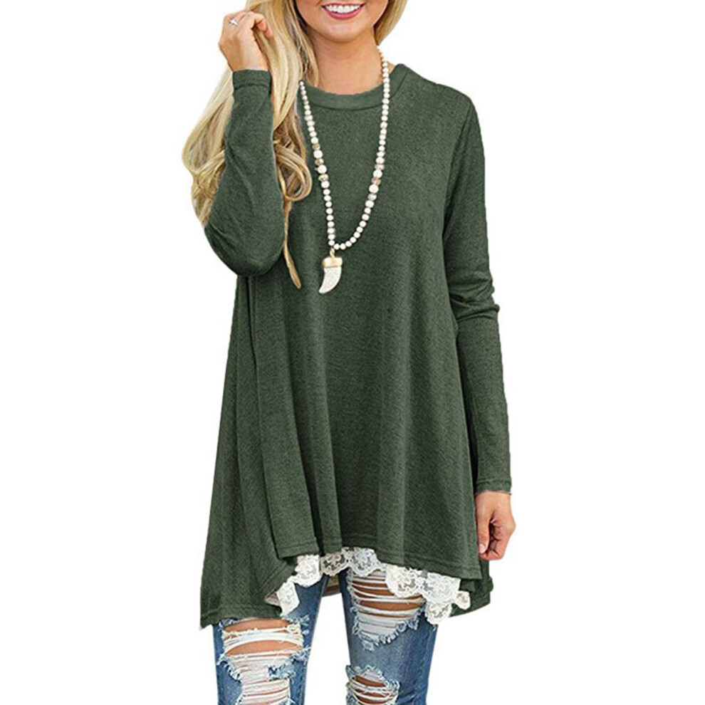 Andaa Femmes Col Rond Manches Longues Dentelle ?pissage Swing Chemise Robes Longues Tunique Chemisiers Chemises pour Leggings Vert