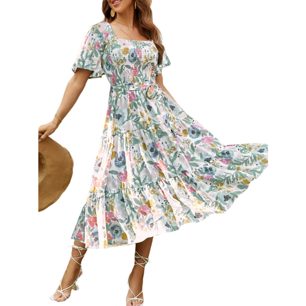Robe mi-longue ? fleurs fronc?es ? col carr? pour femme Amegoya Robe fluide ? volants ? manches courtes et corset style boh?me Fleur XL