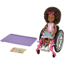 Barbie Chelsea Doll & Wheelchair with Moving Wheels Ramp Sticker Sheet & Accessories Small Doll with Curly Brown Hair