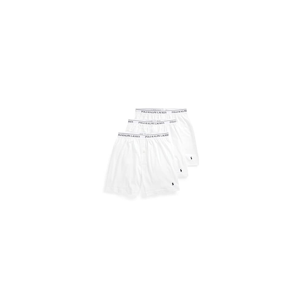 POLO RALPH LAUREN Men's Classic Fit Cotton Knit Boxers, White/Cruise Navy, Medium