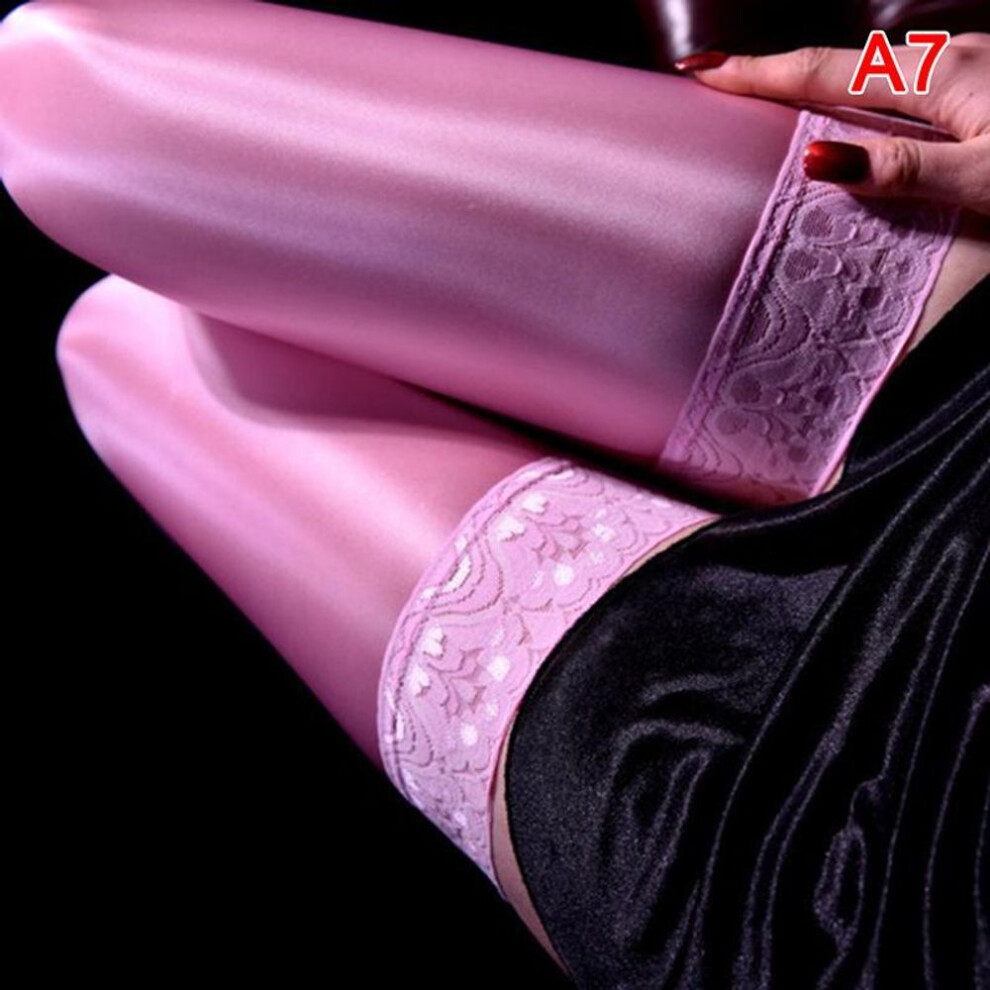 (pink) Sexy Lace Satin Silky Smooth Thigh High Socks Smooth Women Glossy Stockings