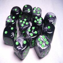 Sady kociek Chessex D6: Gemini cierna/siv /siv so zelenou - 16 mm eststrann kocka (12) blok kociek viacfarebn