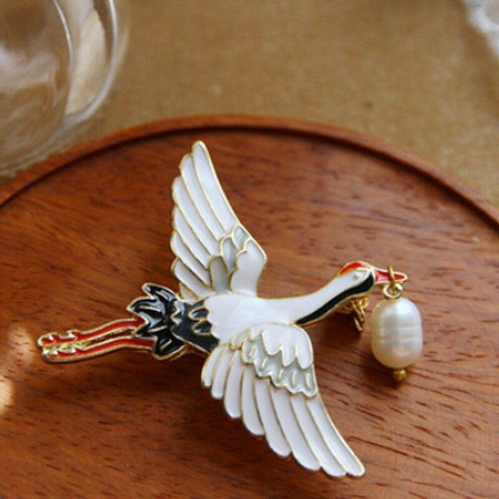 (white) Blucome White Crane Bird Brooch Alloy Pearl Brooch High Quality for Women's Suit