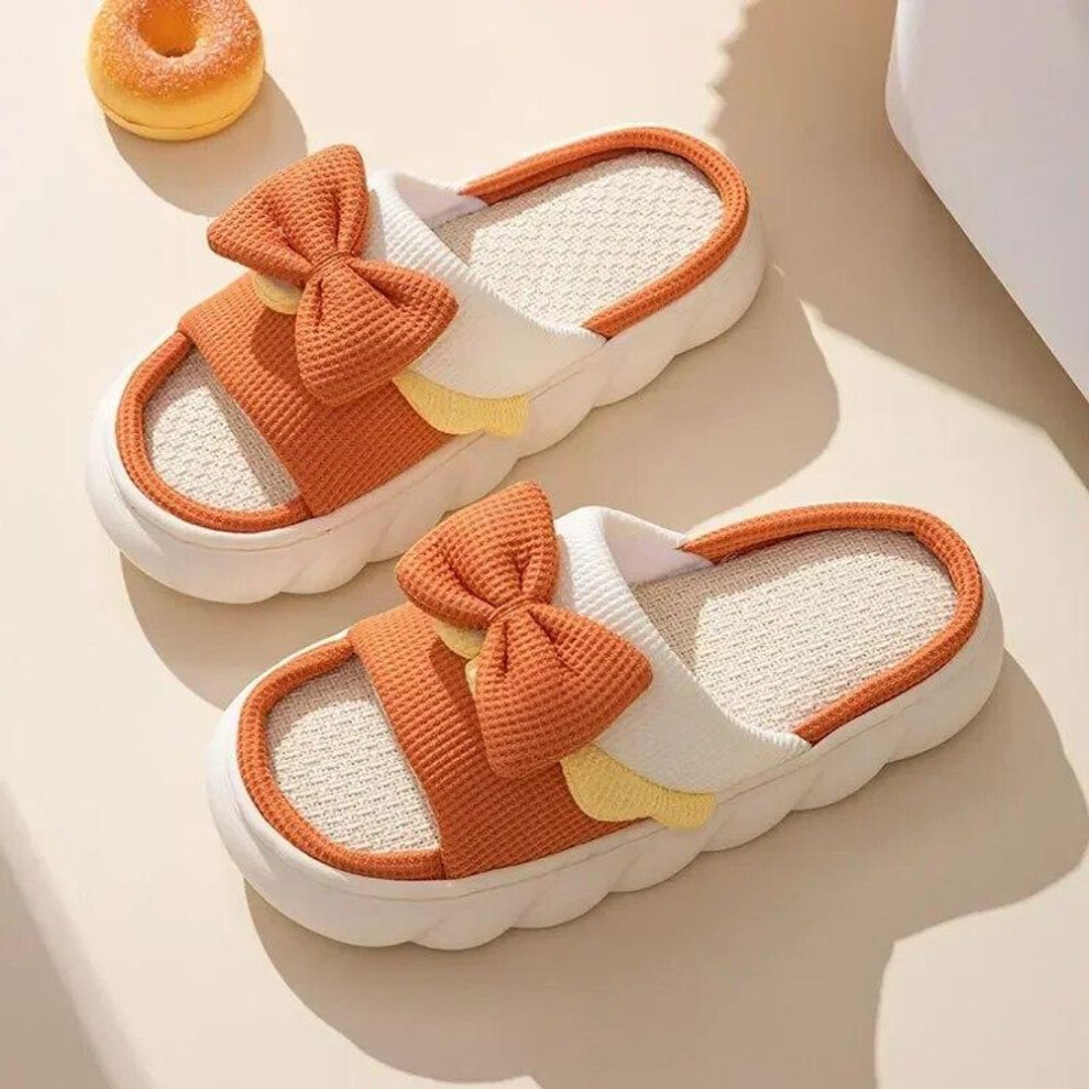 (orange, 40-41) Linen Slippers Women Indoor Slippers Comzy Anti-Slip House Cotton Shoes  Cute Bowknot Flat Slipper Couples Slides Spring Summer