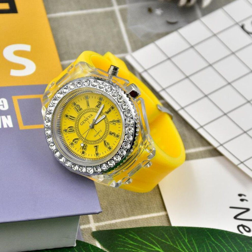 (yellow) Fashion Rhinestone LED Luminous Watch for Women Outdoor Sports Digital Woman Wirstwatch Clock