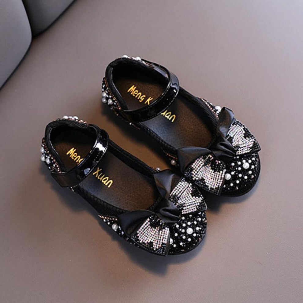 (black, 28 (Inner 17.8CM)) New Children Leather Shoes Rhinestone Bow Princess Girls Party Dance Shoes Baby Student Flats Kids Performance Shoes
