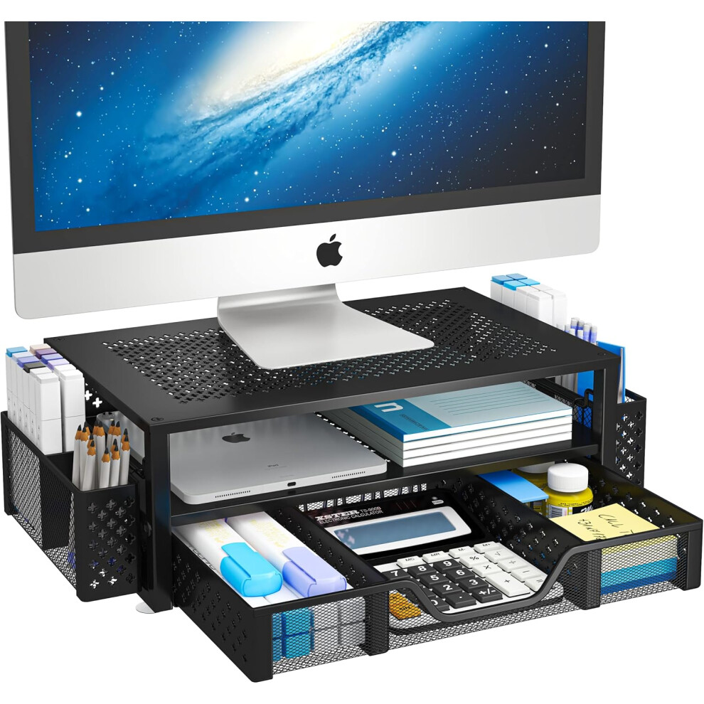 (Black) 2 Tier Metal Monitor Stand Monitor riser and Computer Desk Organizer with Drawer and Pen Holder for Laptop, Computer, iMac, Black