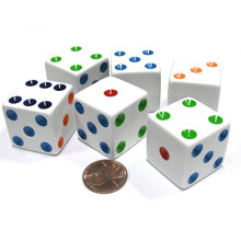 Zestaw 6 duzych, nieprzezroczystych kosci Jumbo K6 25 mm  bialych z wielokolorowymi koncσwkami od Koplow Games
