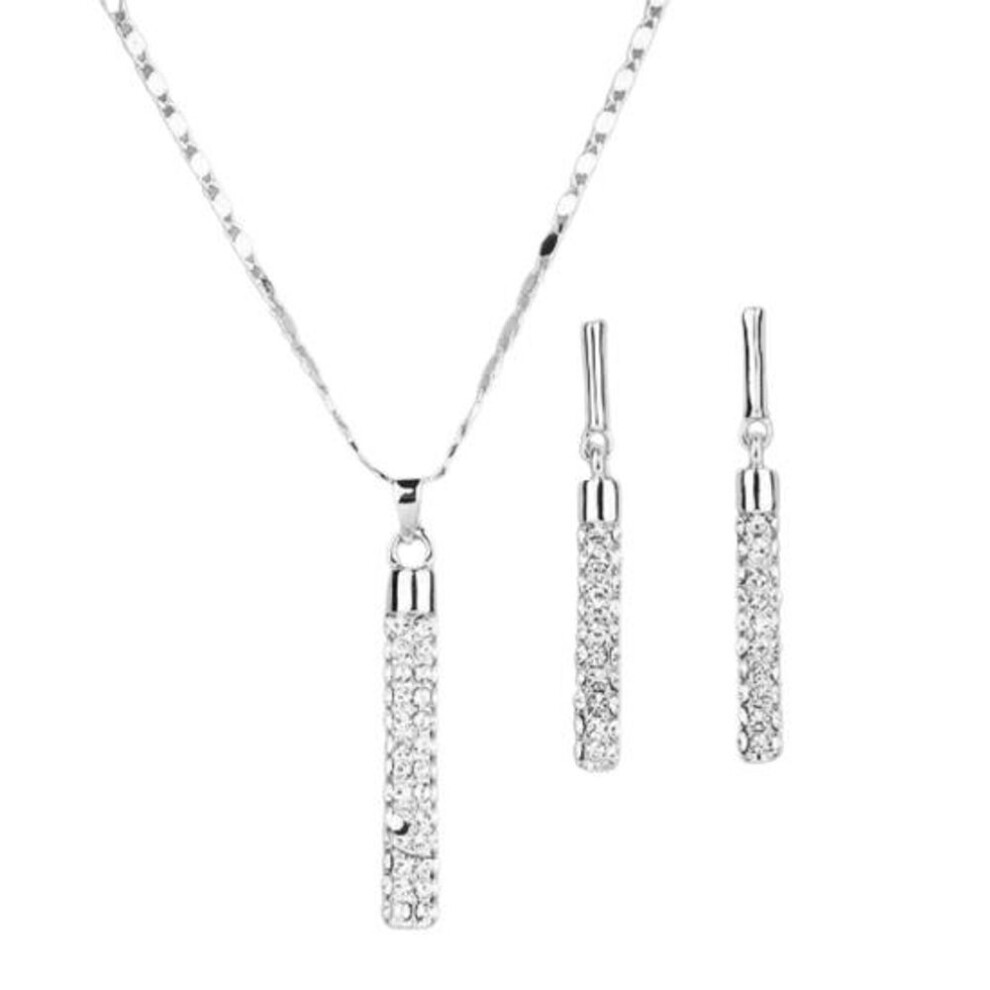 (silver) 1 Set Women Necklace Earrings Cylindrical Rod Rhinestones Shiny Jewelry Set for Banquet