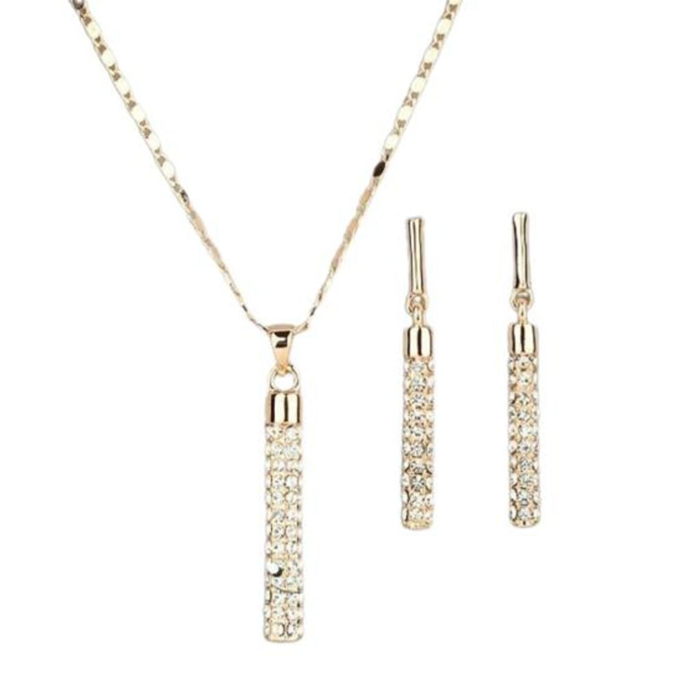 (golden) 1 Set Women Necklace Earrings Cylindrical Rod Rhinestones Shiny Jewelry Set For Banquet