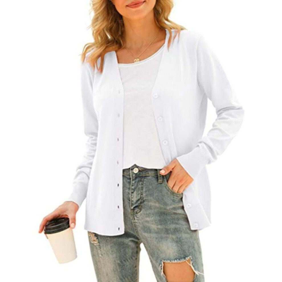 (white, XXL) Women&apos;s Basic Long Sleeve Button Front Cardigan Sweater Knit Coat Tops Outerwear
