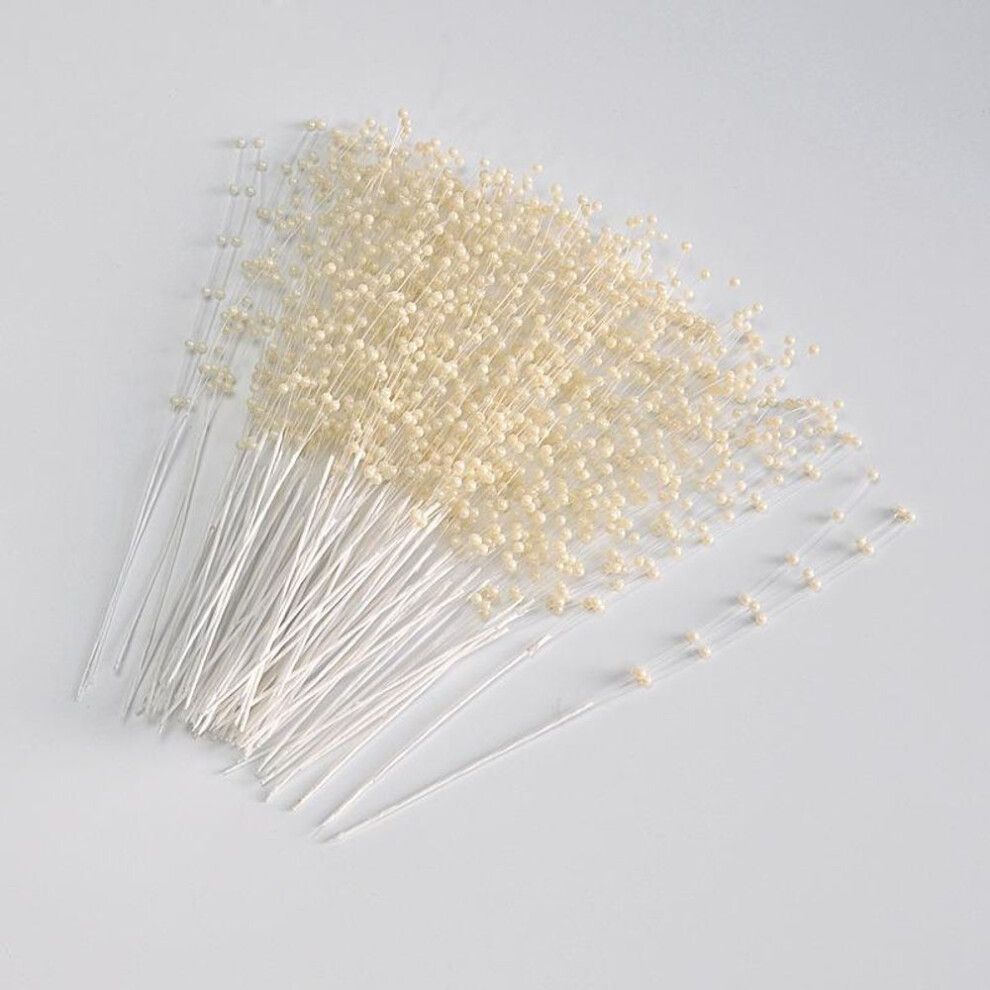 (beige) 100pcs String Pearls Sticks 4mm Pearl Flower Stems Wedding Pearl Bridal Bouquet Party Decorations Floral Bead Strands For Wedding Party Table Decor