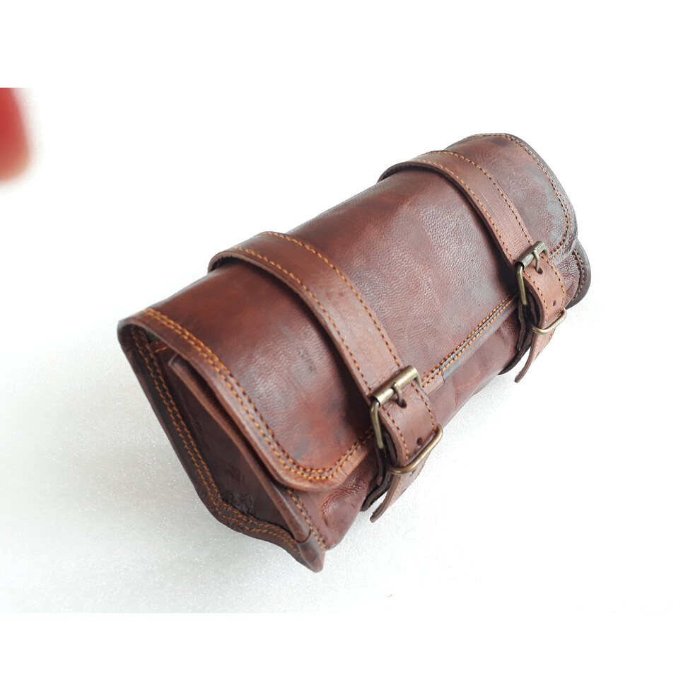 Vintage Motorcycle Genuine Goat Leather 2 Strap Buckle Closure Tool Br