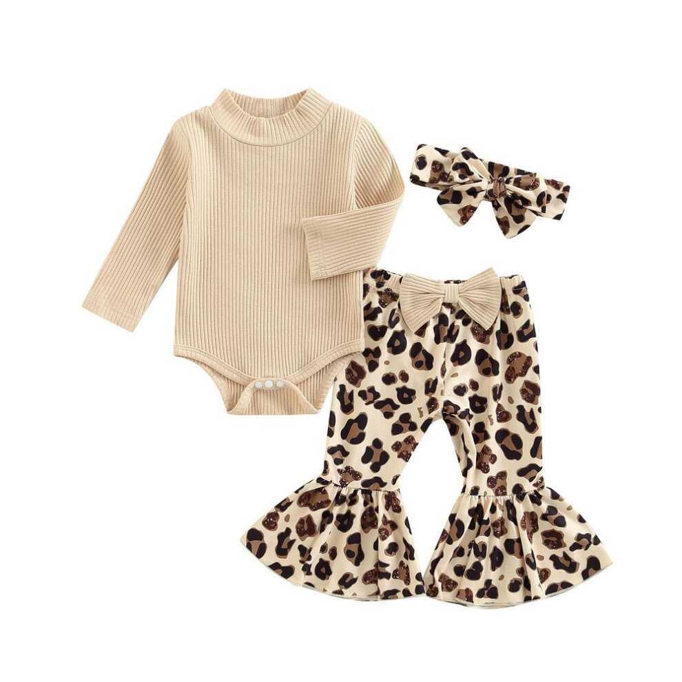 (apricot, 0-3 Months) Baby Girls Pants Set, Long Sleeve Romper + Leopard Print Bowknot Flare Pants + Headband