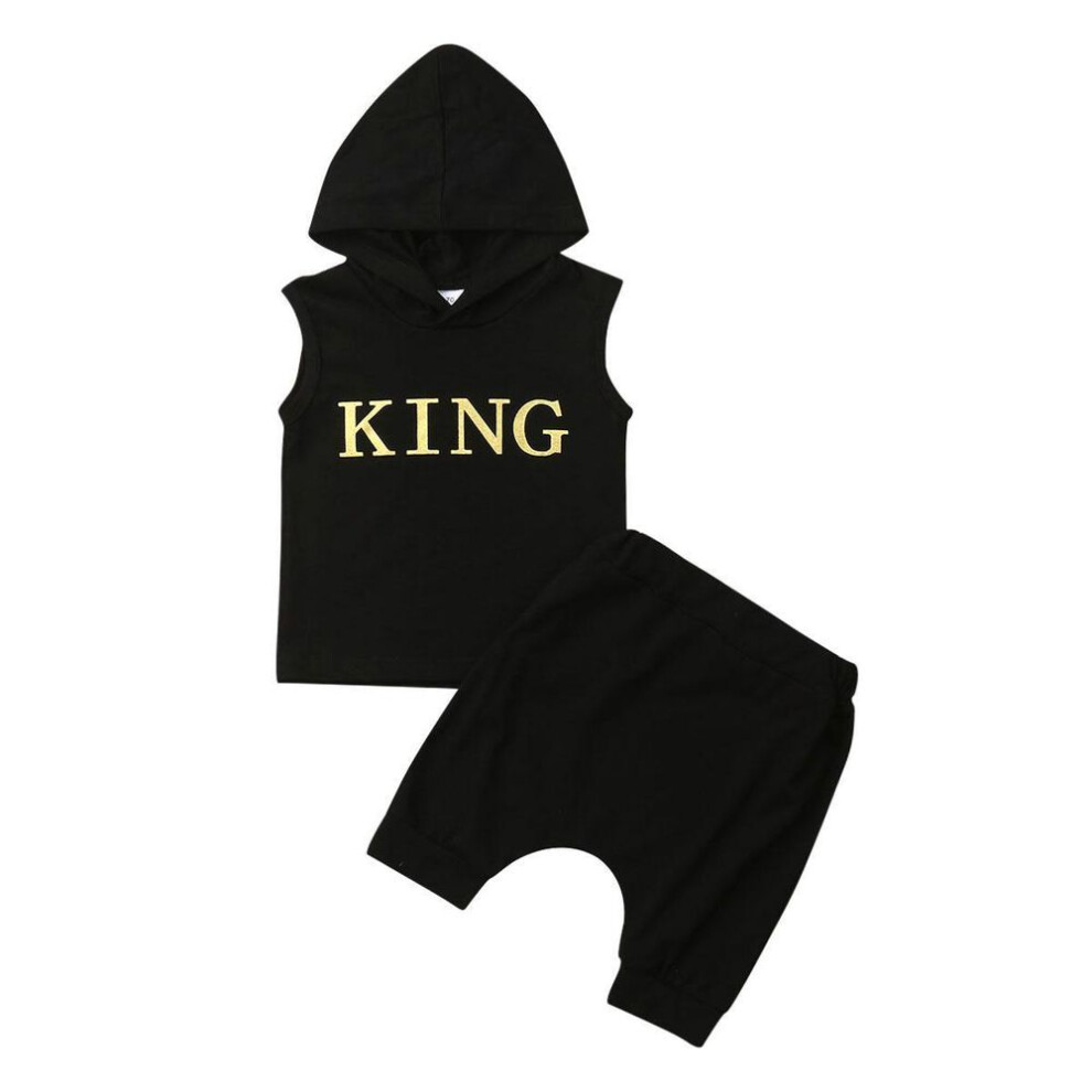 (black, 6-12m) Baby Boy Clothes King Hooded Vest Tops+shorts 2pcs Outfits Tracksuit