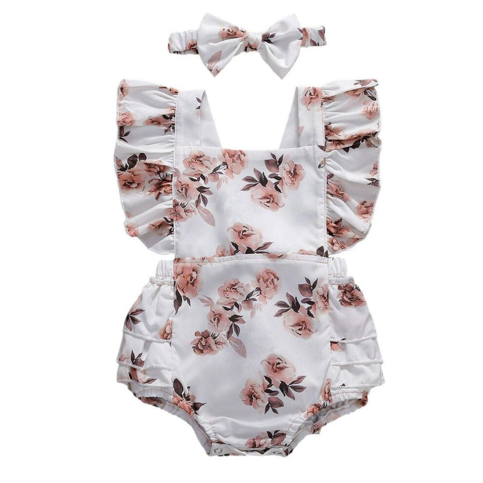 (white, 90) Baby Girls  Floral Print Sleeveless Romper Jumpsuit + Headband Outfit Set