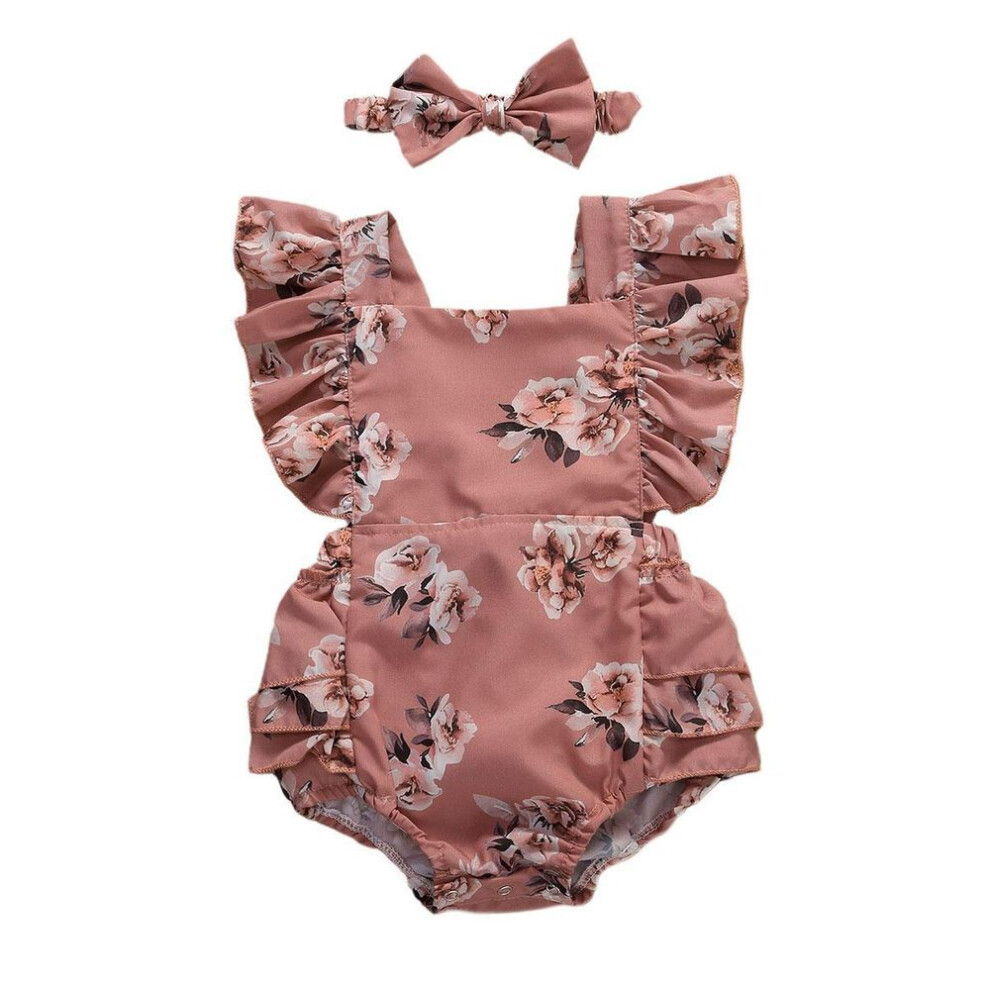 (pink, 80) Baby Girls  Floral Print Sleeveless Romper Jumpsuit + Headband Outfit Set